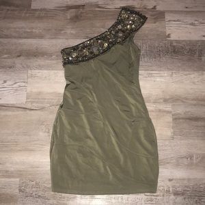 Bebe green embellished gems one shoulder mini dress size small